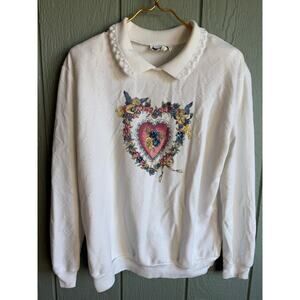 Vintage 80s Teddi Sweatshirt Peter Pan Collar Heart Cherub Print Medium